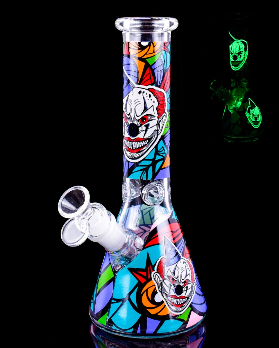 The Harlequin - 10" Clown Beaker Bong Glow In The Dark -SmokeDay