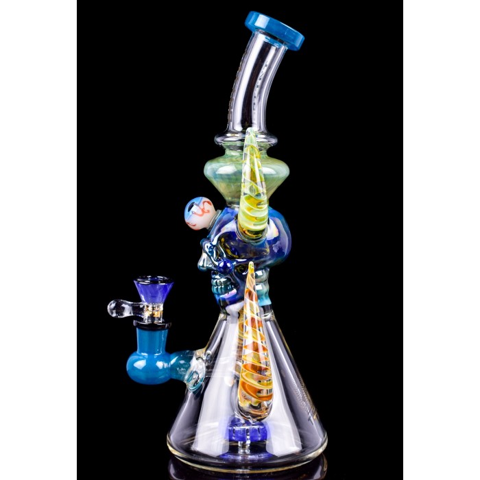 Twin Horned Skull Bong 12" Showerhead Rig Tattoo Glass Aqua The