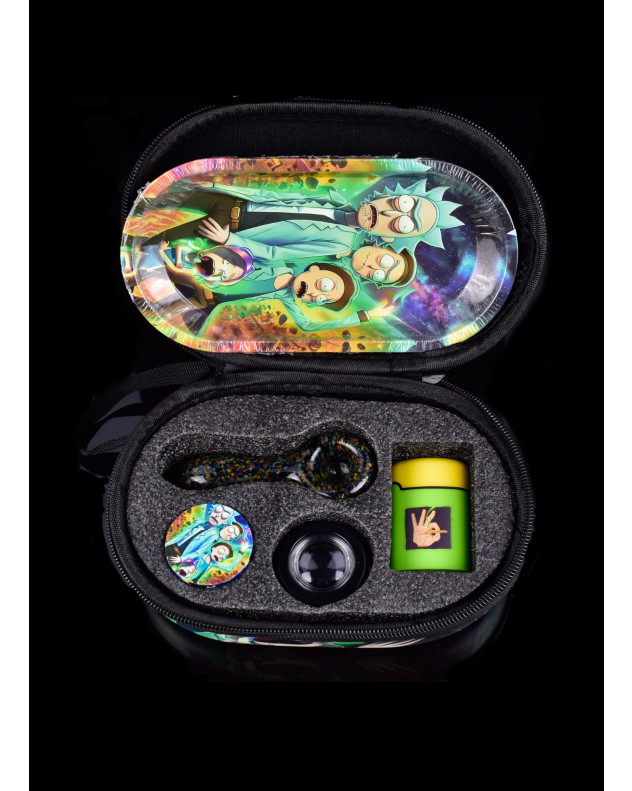 rick and morty tobacco tin Rick & Morty Glass Pipe Travel Kit – Smoking Set with Tray, Grinder & Case  -SmokeDay