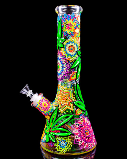 The Orchid - 13" Colorful Floral Design Glow In The Dark Beaker Base Bong by Atomic Glass