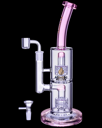 The Azure by Atomic Glass 13" Double Matrix Perc Bong/Dab Rig - Pink