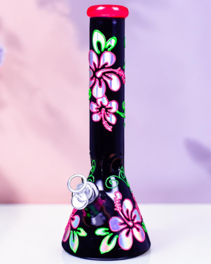 Majestic Black - 14" Extra Heavy Glowing Beaker Bong - Floral Themed