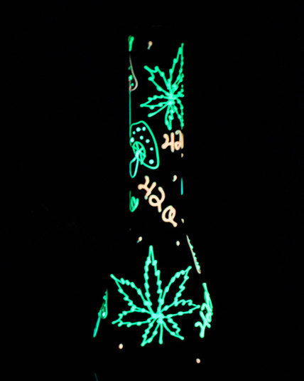 420 Leaf and Shroom Glow In Dark Glass Beaker Bong