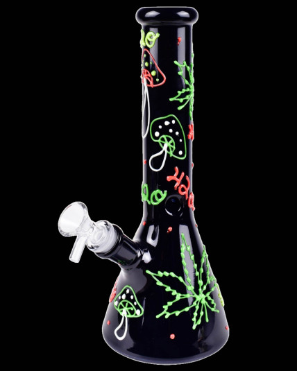 420 Leaf and Shroom Glow In Dark Glass Beaker Bong
