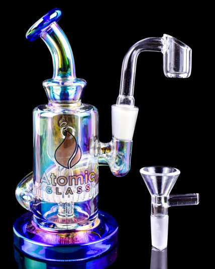 The Kaleidoscope by Atomic Glass - Barrel Shaped Iridescent Recycler Dab Rig