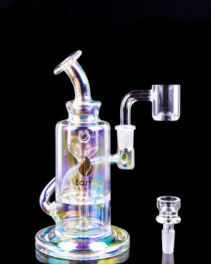 The Kaleidoscope by Atomic Glass - Barrel Shaped Rainbow Iridescent Recycler Dab Rig