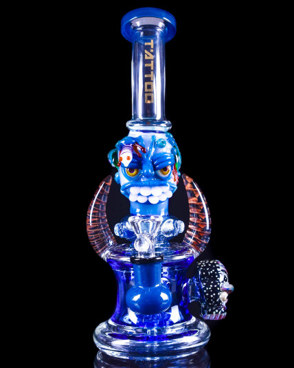 Twin Horned Skull Bong - 10" Showerhead Rig - Tattoo Glass