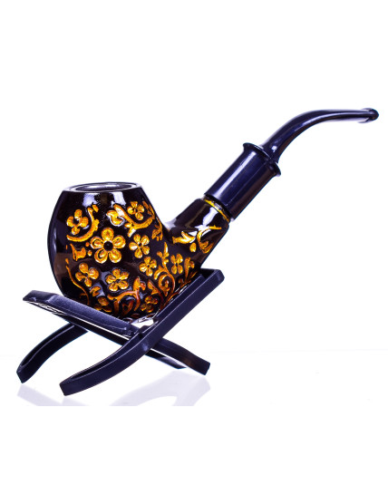 6" Fancy wooden pipe - Smooth Black with Golden Floral Carving