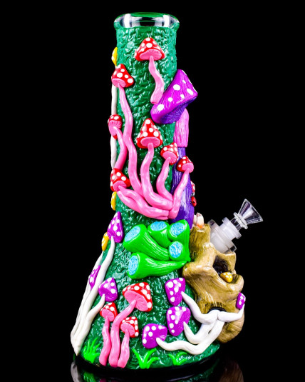 Mushroom Meadow - 13" 3D Alice Mushroom Glow In The Dark Beaker Bong